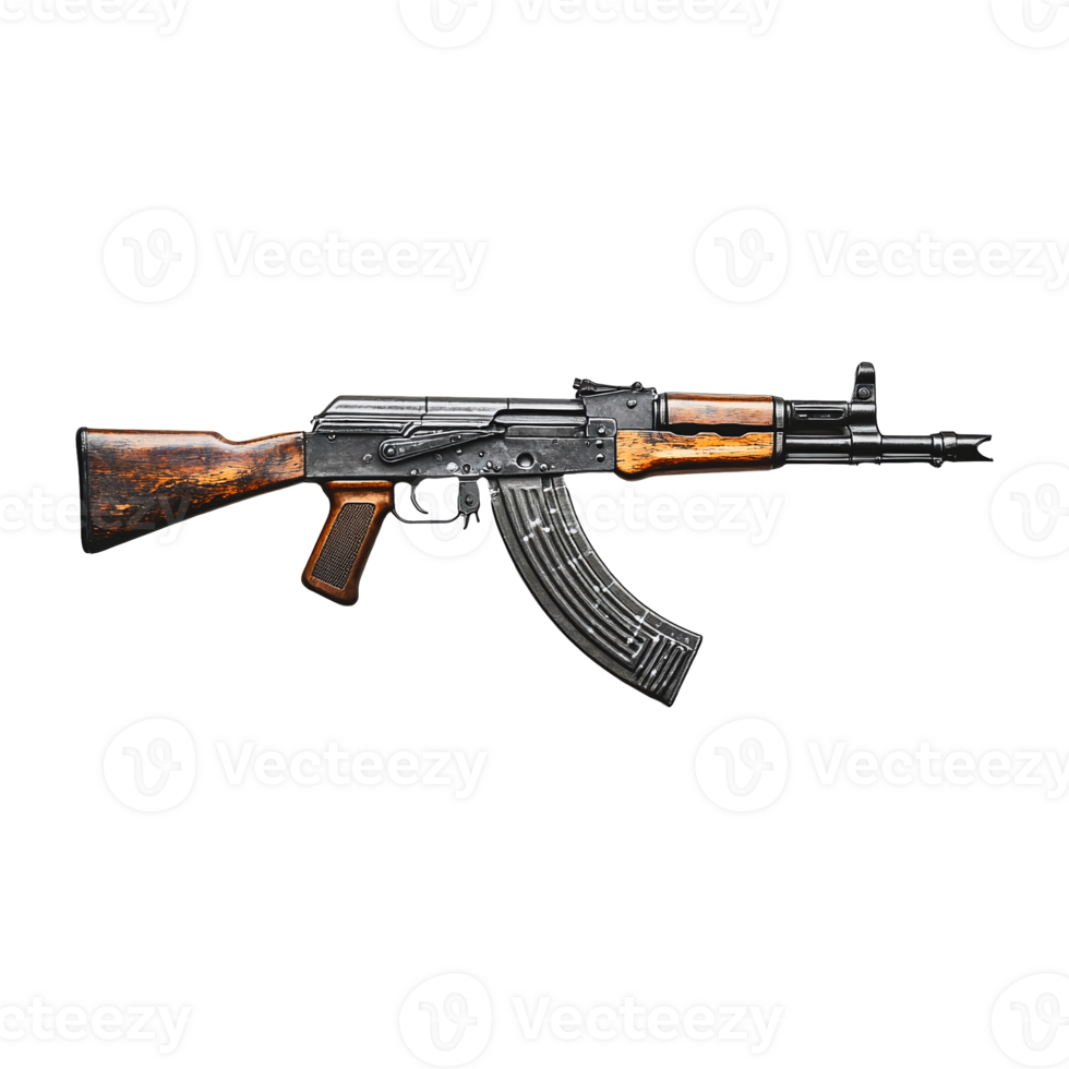 Rifle with curved magazine and wooden stock on transparent background is visible png