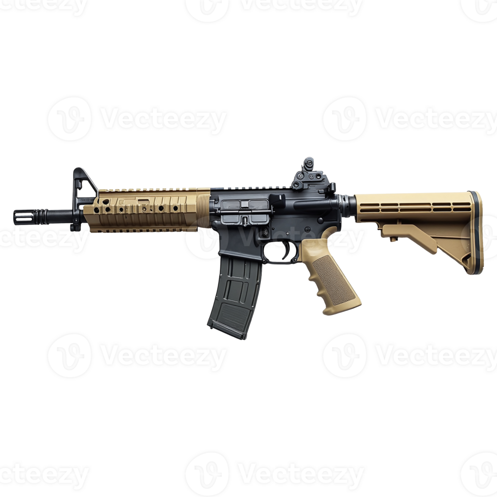 Tactical sporting rifle equipment in black and tan color on transparent background png