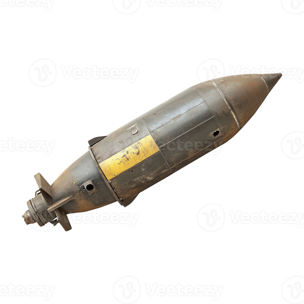 Large rusty missile exhibits vintage wartime decay on transparent background clearly png