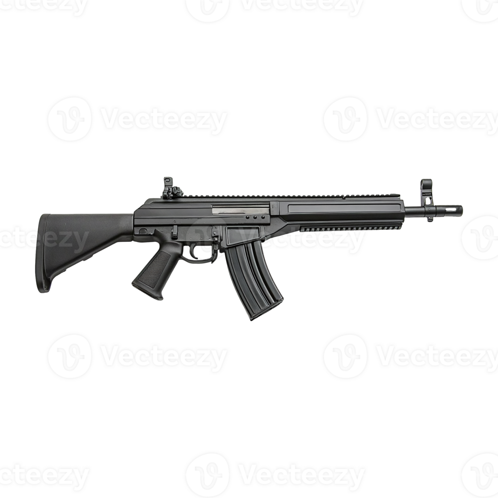 Black assault rifle stands isolated horizontally with magazine attached on transparent background png