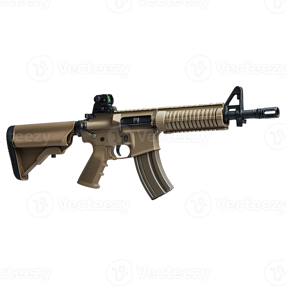 Tan rifle showcases modern design and tactical features on transparent background png