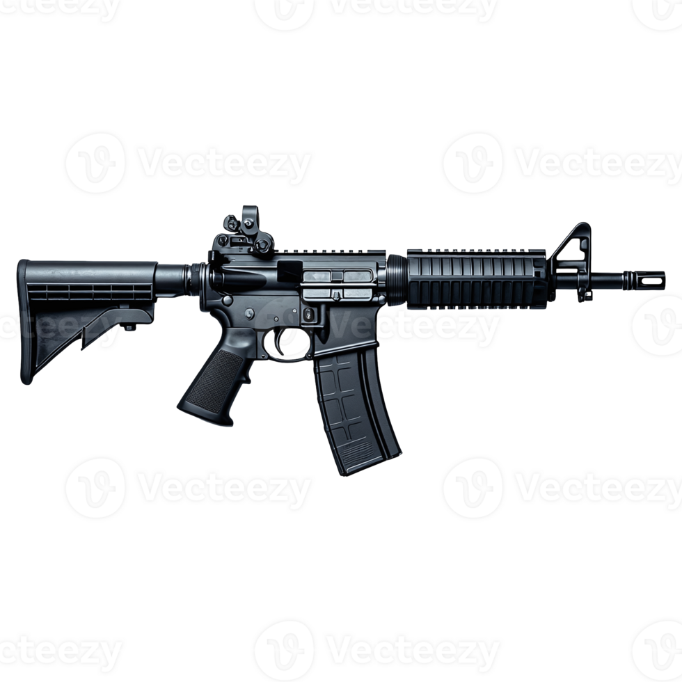 Full view of black colored simulated assault rifle model on transparent background png