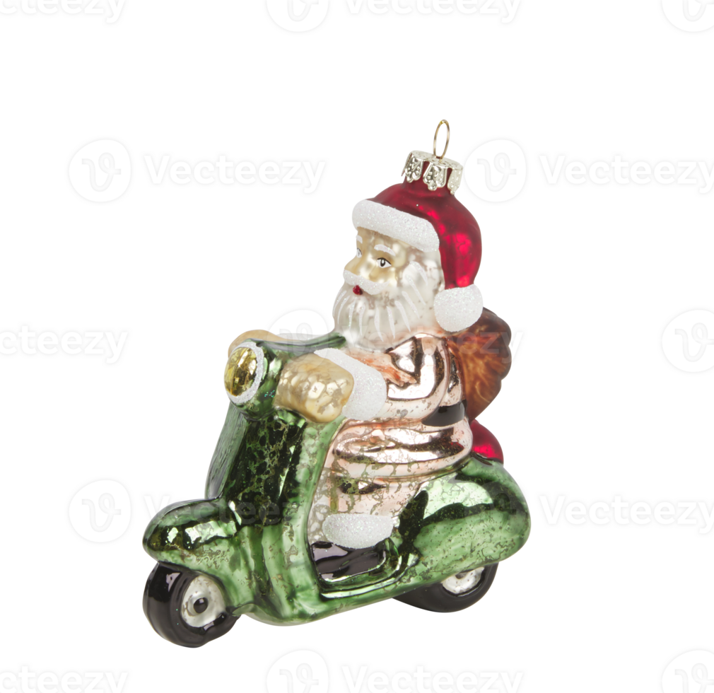 Santa riding a motorcycle hanging Christmas ornament cut out isolated transparent background png