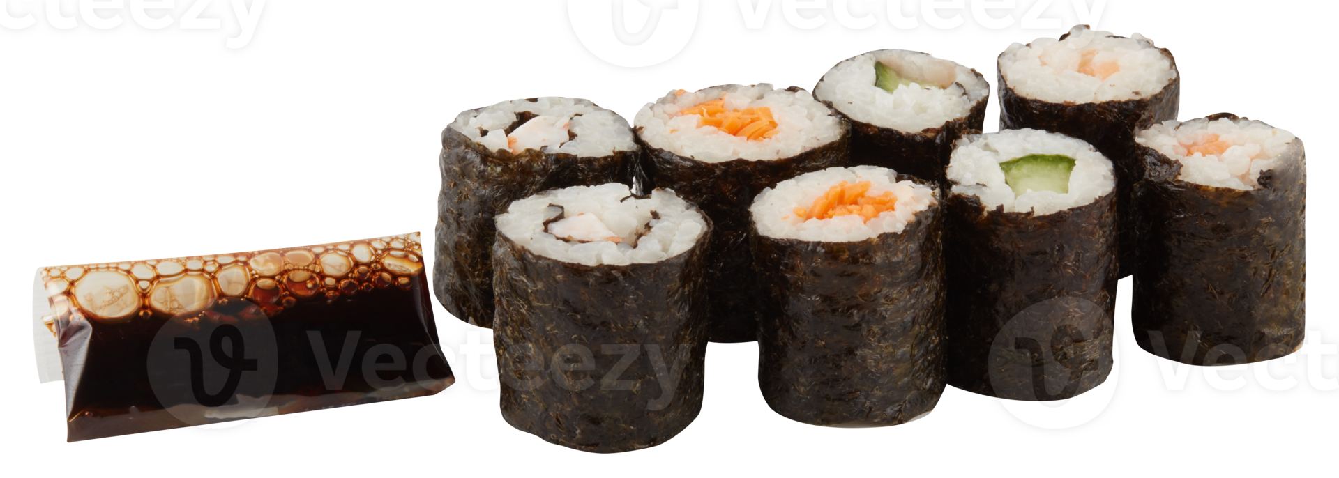 Sushi rice balls wrapped in seaweed with sauce cut out isolated transparent background png