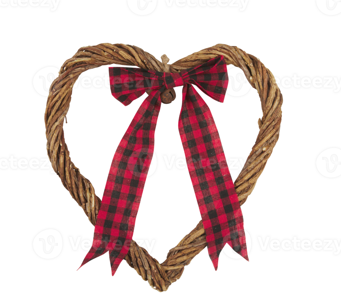 Heart wreath decorated with red bow, plaid pattern, hanging for Christmas cut out isolated transparent background png