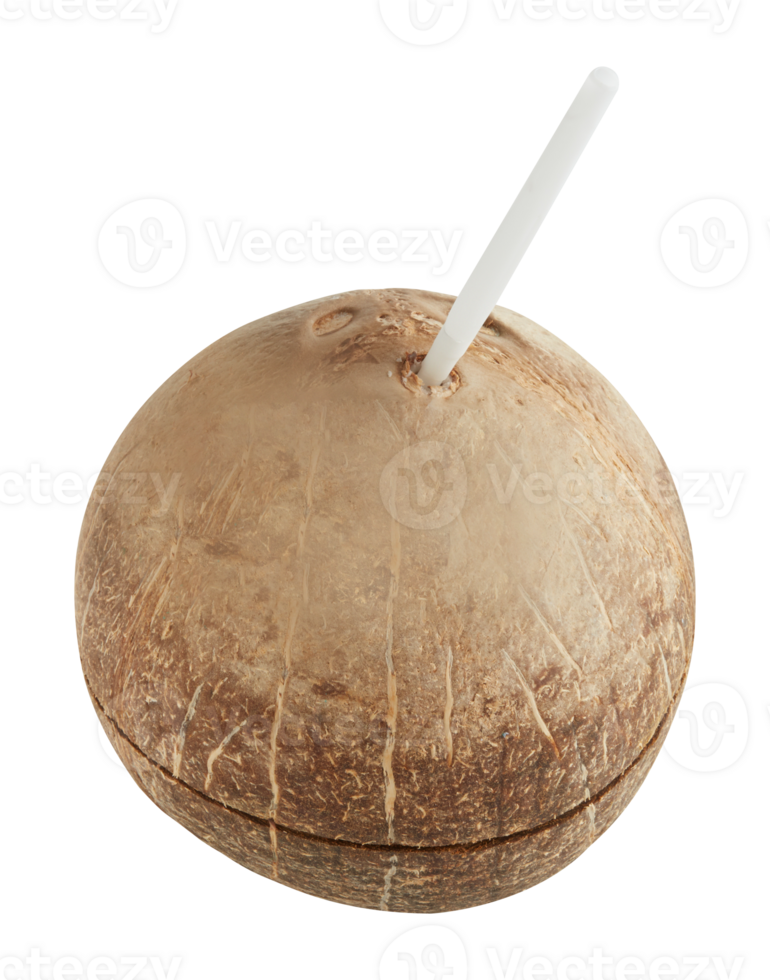Coconut shell with plastic straw cut out isolated transparent background png