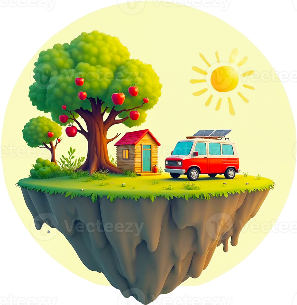 A whimsical floating island scene features a tiny house, apple tree, and camper van. png