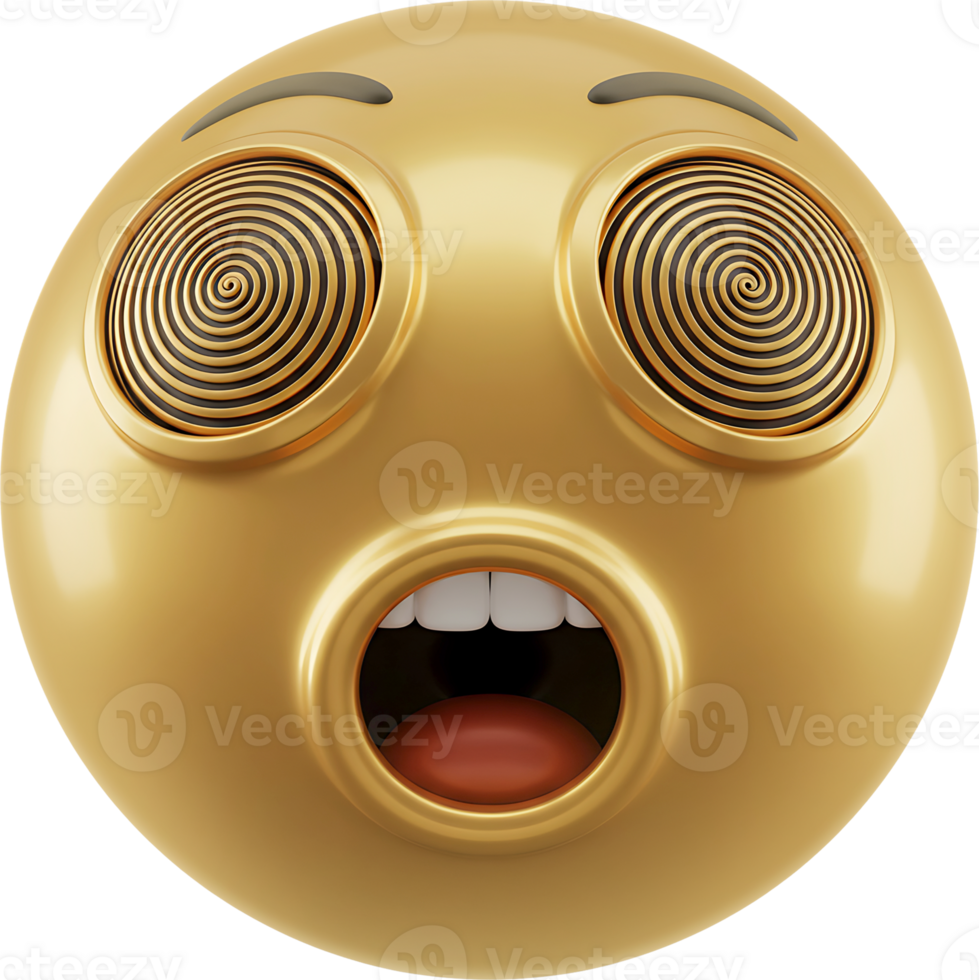 A golden 3D emoticon with wide, spiral eyes and an open mouth expresses shock or dizziness. png