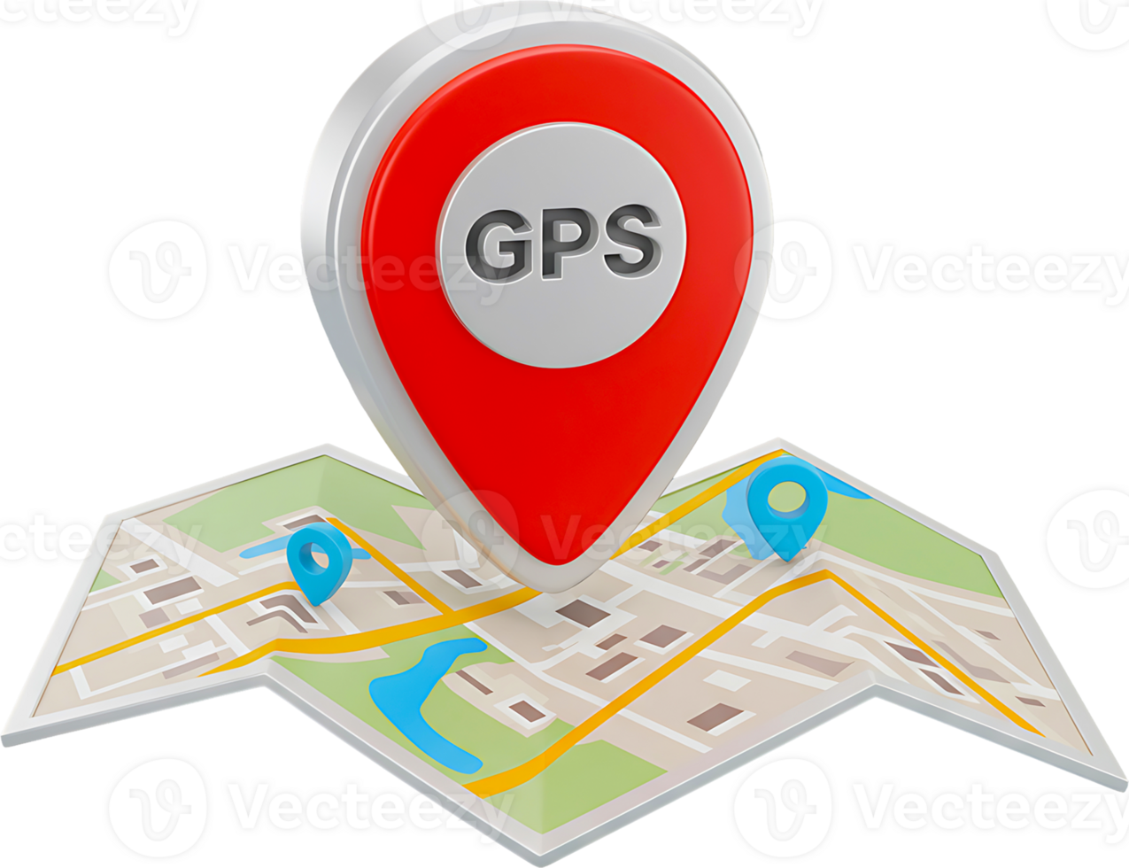 A 3D rendering of a GPS locator pin on a map. png