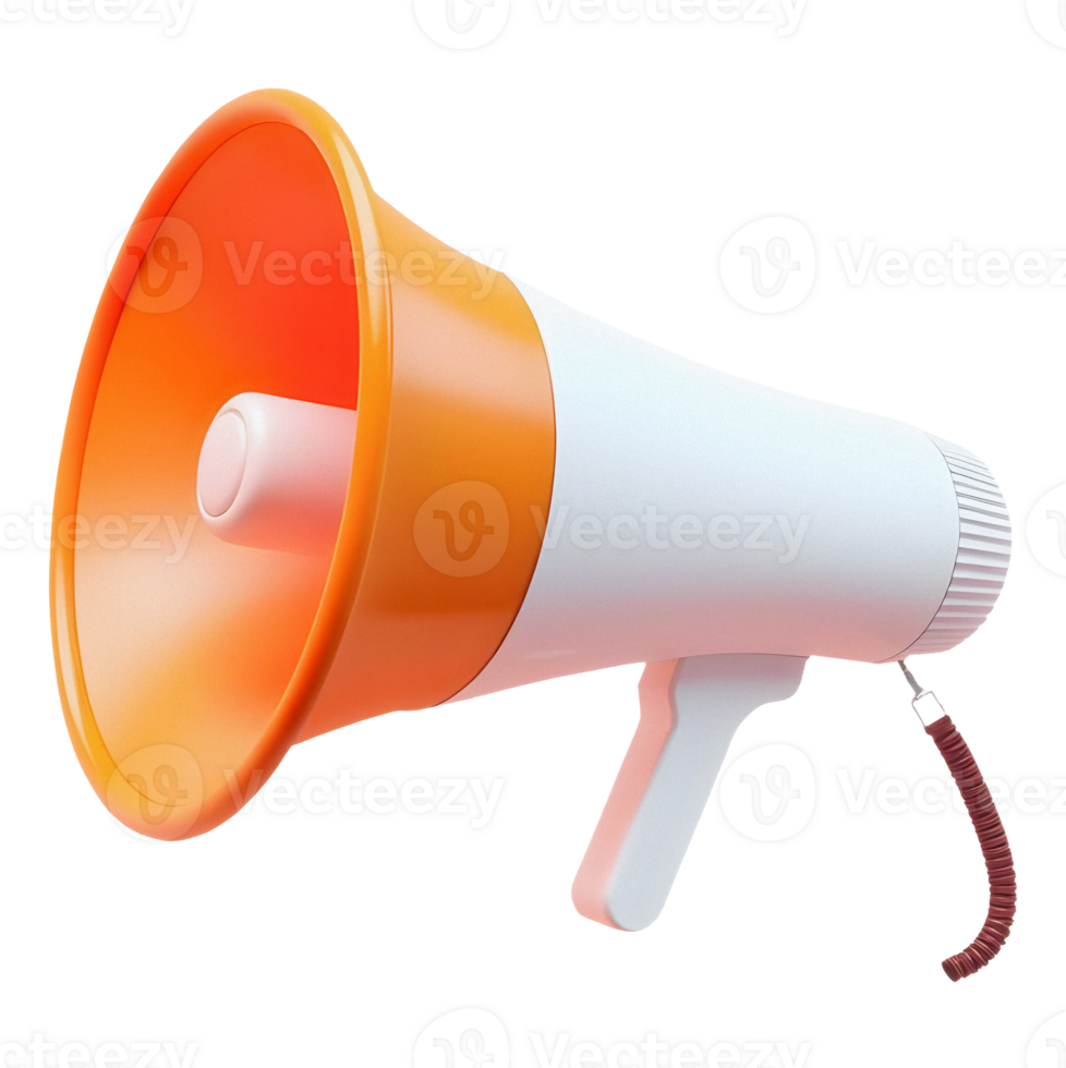A 3D rendering of an orange and white megaphone. png