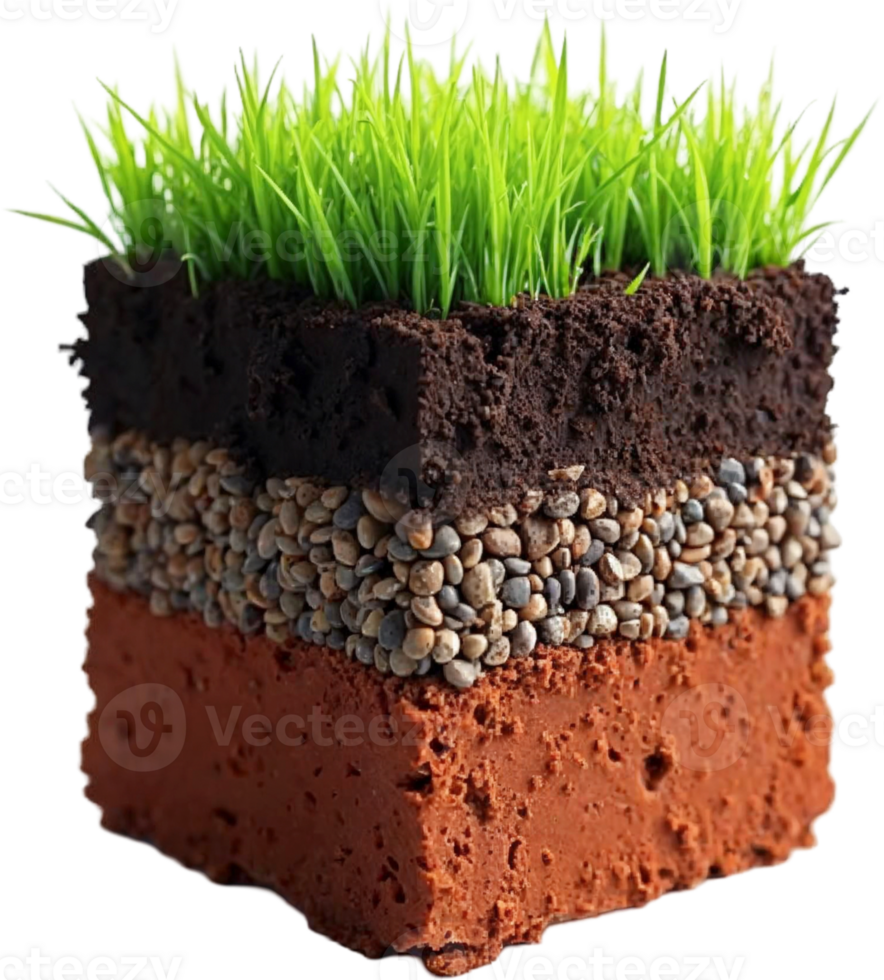 A cube visually depicts soil layers, from topsoil to subsoil and bedrock png