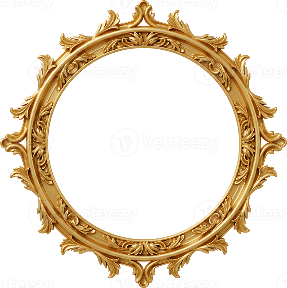 An ornate, circular, gold frame with elaborate detailing sits against a transparent background. png