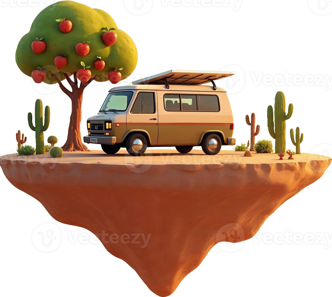a van is parked on an island with a tree and cactus png