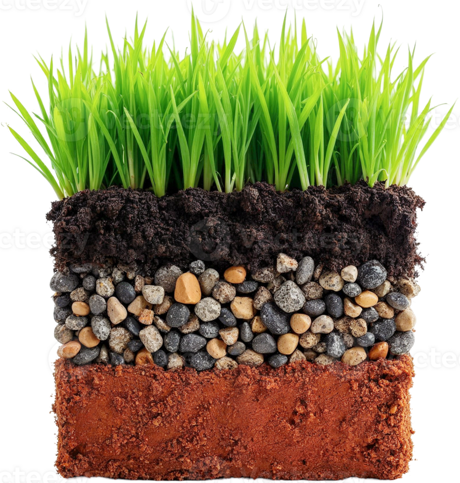 A cross-section shows soil layers topped with vibrant green grass. png