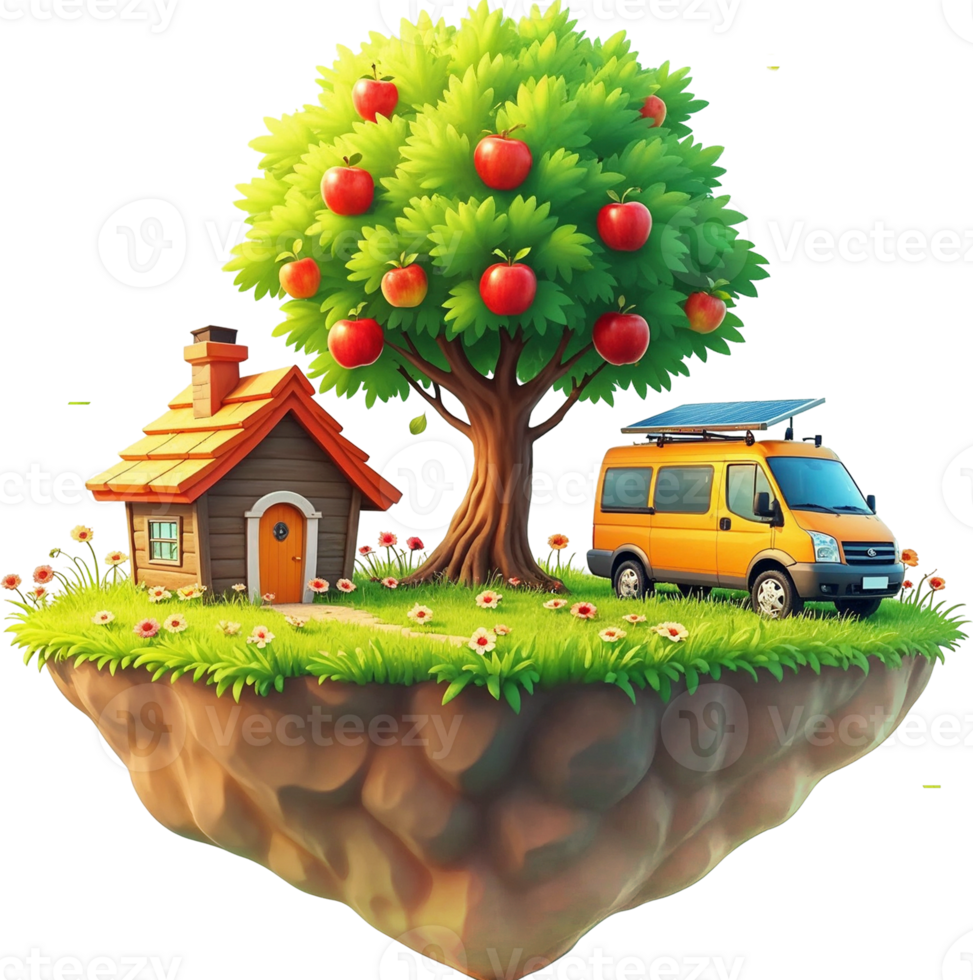 A whimsical floating island features a small house, apple tree, and van. png