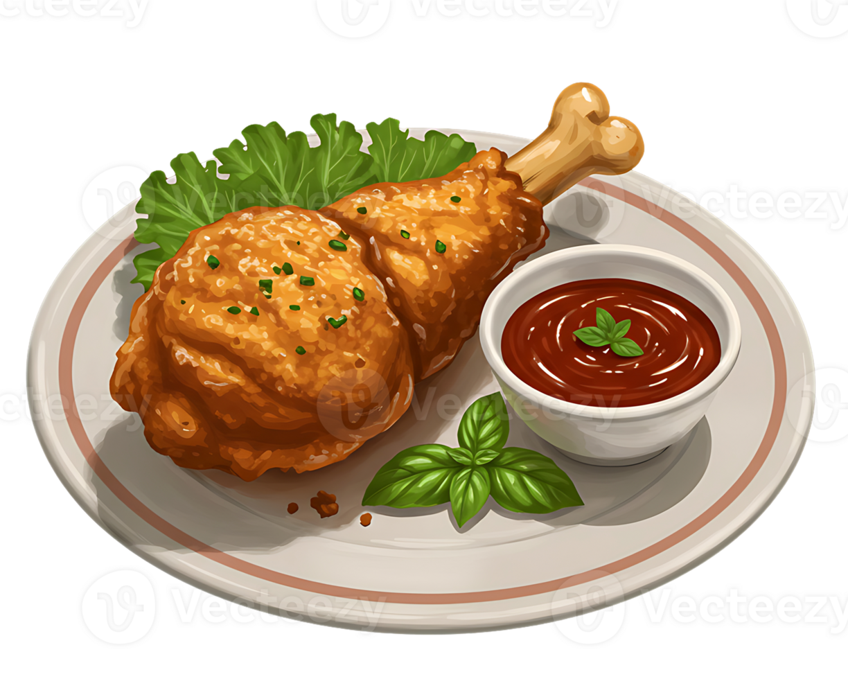 A crispy fried chicken drumstick sits on a plate with a side of sauce and garnish. png