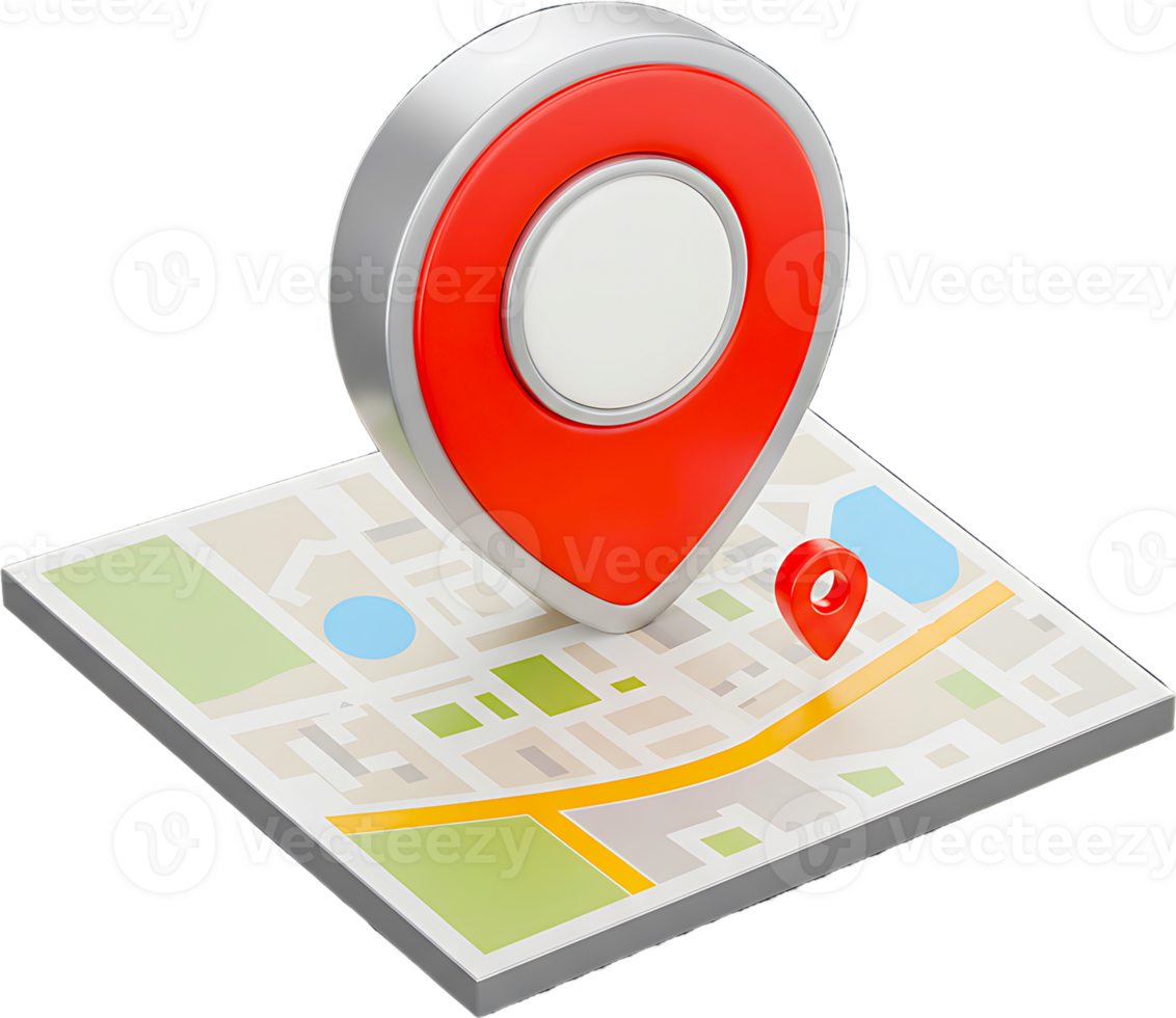 A 3D rendering of a map marker hovering over a stylized map. png
