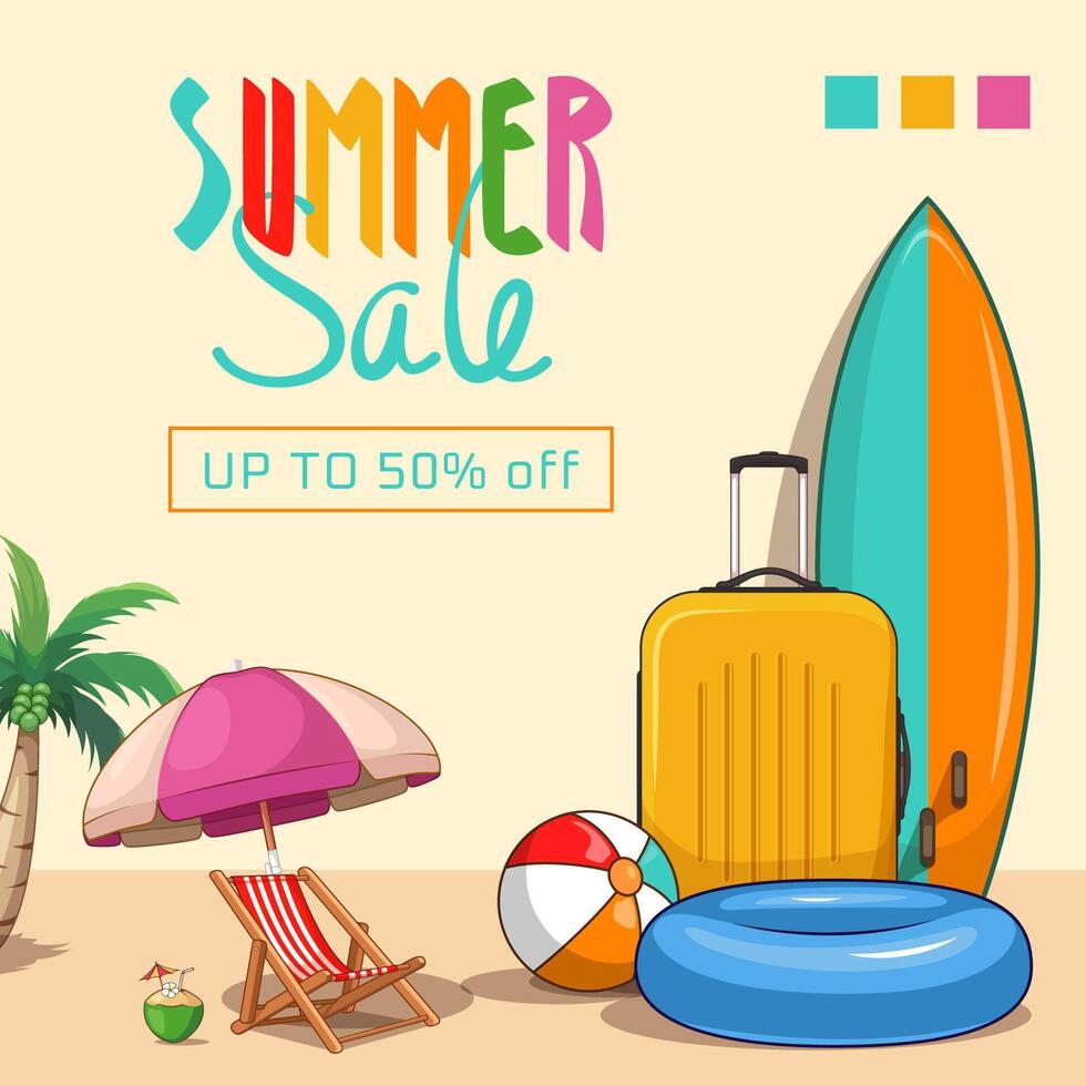 summer sale minimal square social media banner design with illustration of summer elements vector