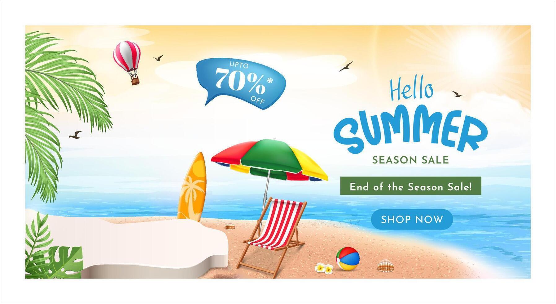 summer season sale banner design with sunny beach background with podium vector