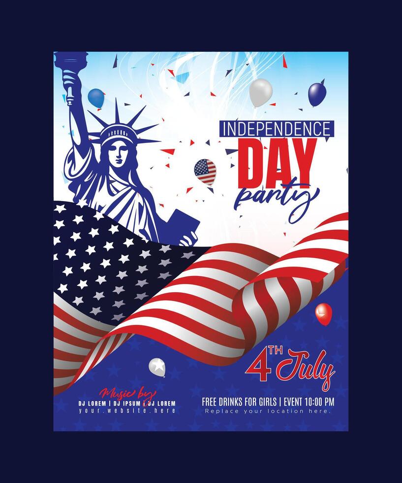 4th of July Happy Independence Day of the USA Party Flyer Design with American Flag Pattern Balloon and Falling Confetti on Night Blue Background for Celebration Banner, Greeting Card Pro vector
