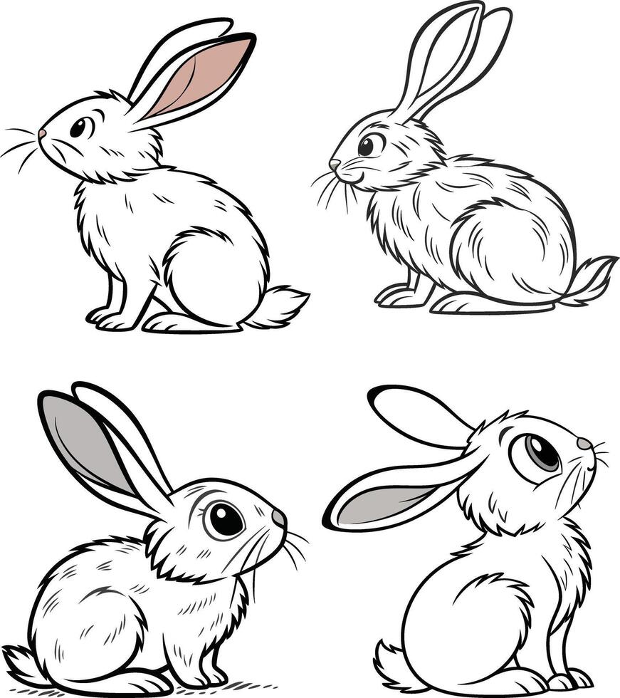 Four adorable cartoon rabbits in a simple black and white style vector