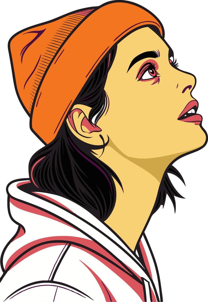 Portrait of a woman in an orange beanie looking upwards, cartoon style vector