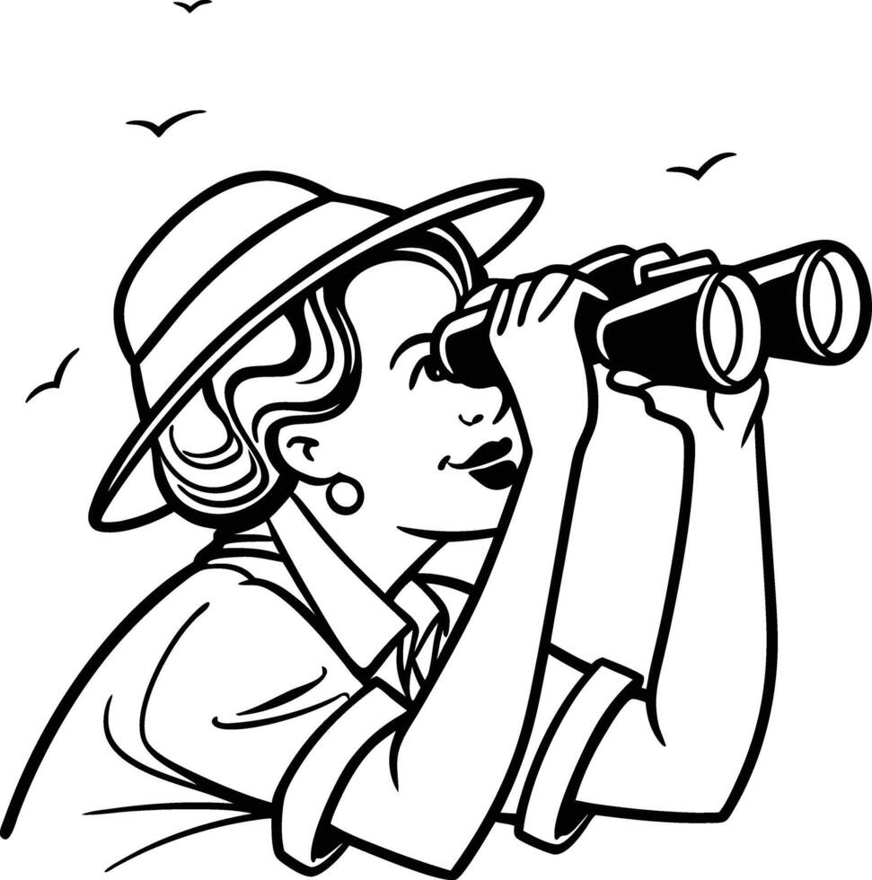 Woman with Hat Using Binoculars in Black and White vector