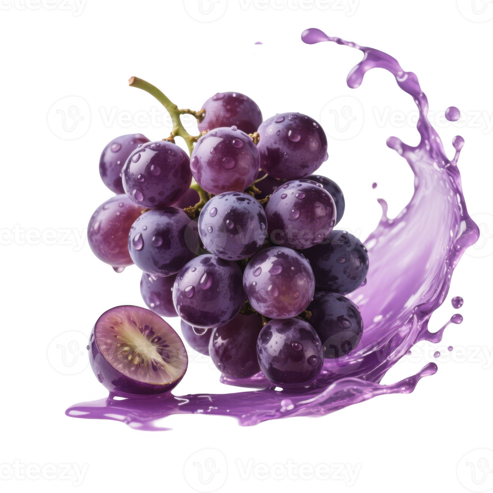 Purple grapes with purple liquid splashing over them png