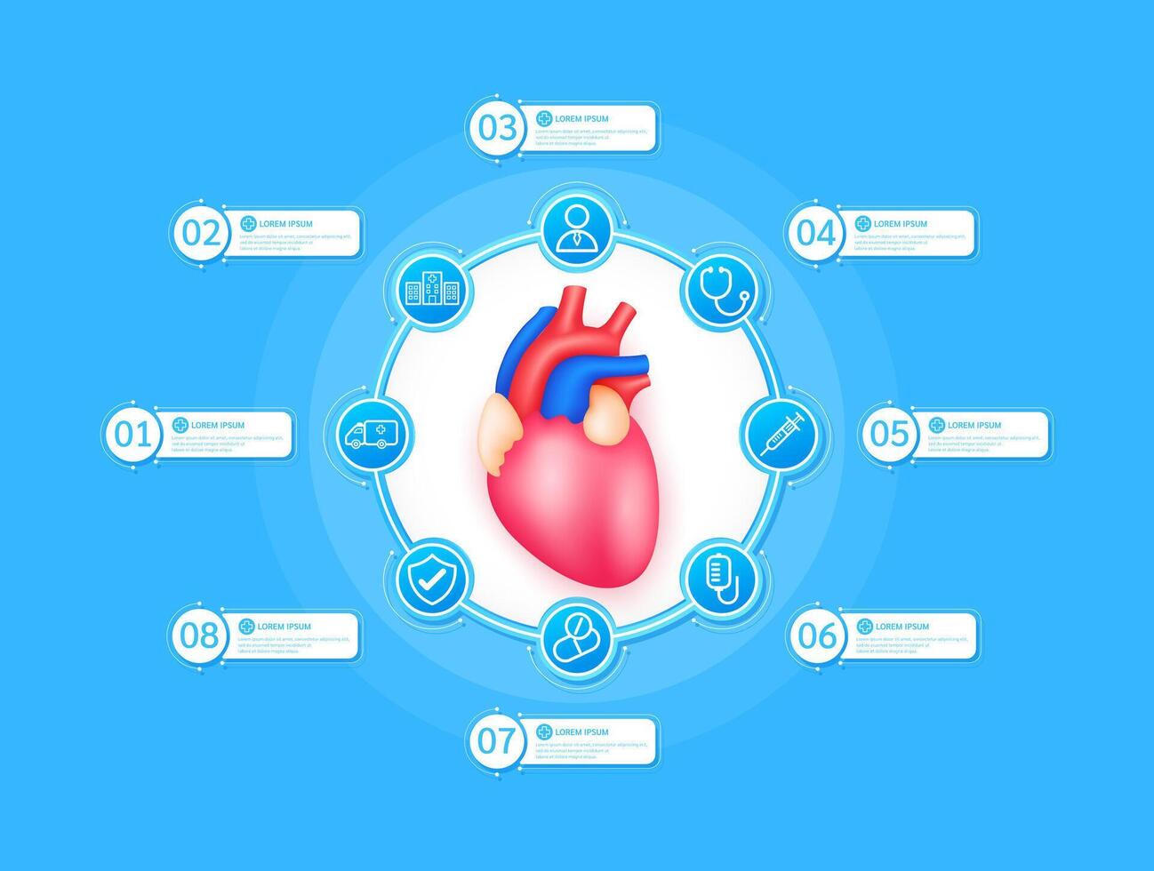Heart health care infographic with presentation timeline steps medical research. And stethoscope, syringe, saline, drug, ambulance car, doctor. Style icons on blue background. vector