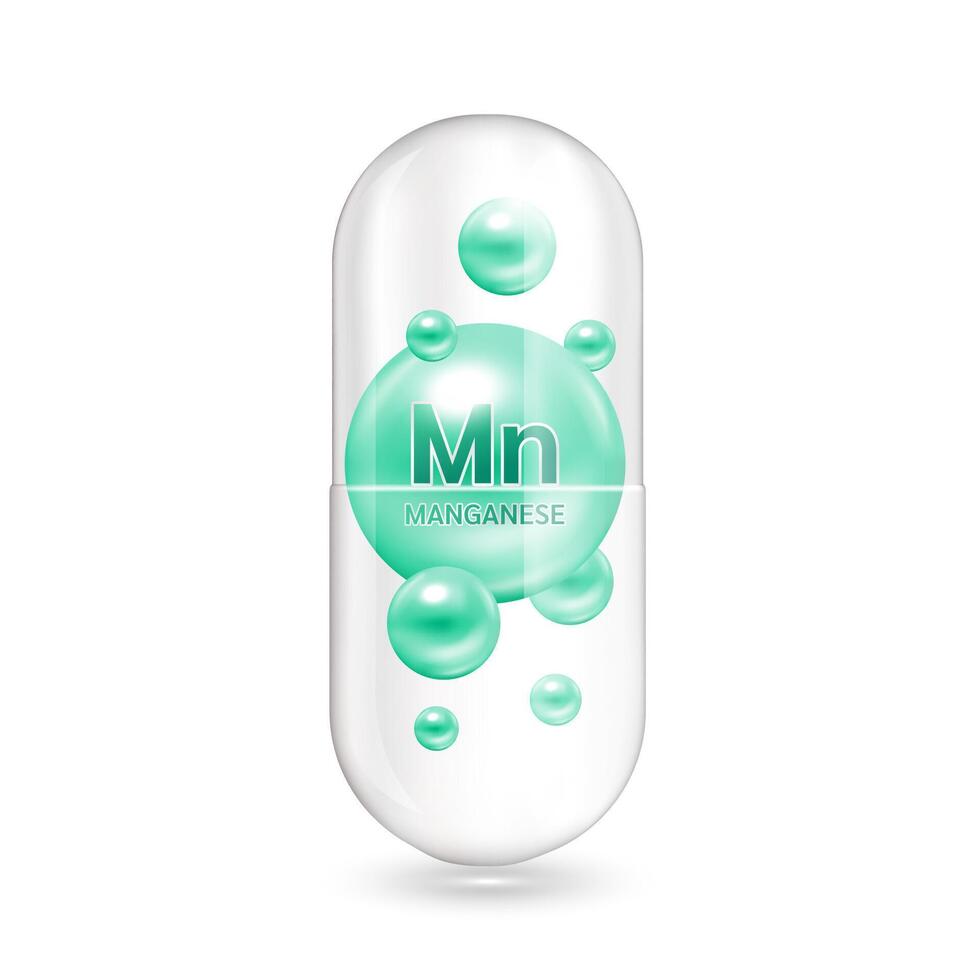 Green minerals manganese inside capsule translucent. Medical and dietary supplement health care concept. 3D illustration. Isolated on white background. vector