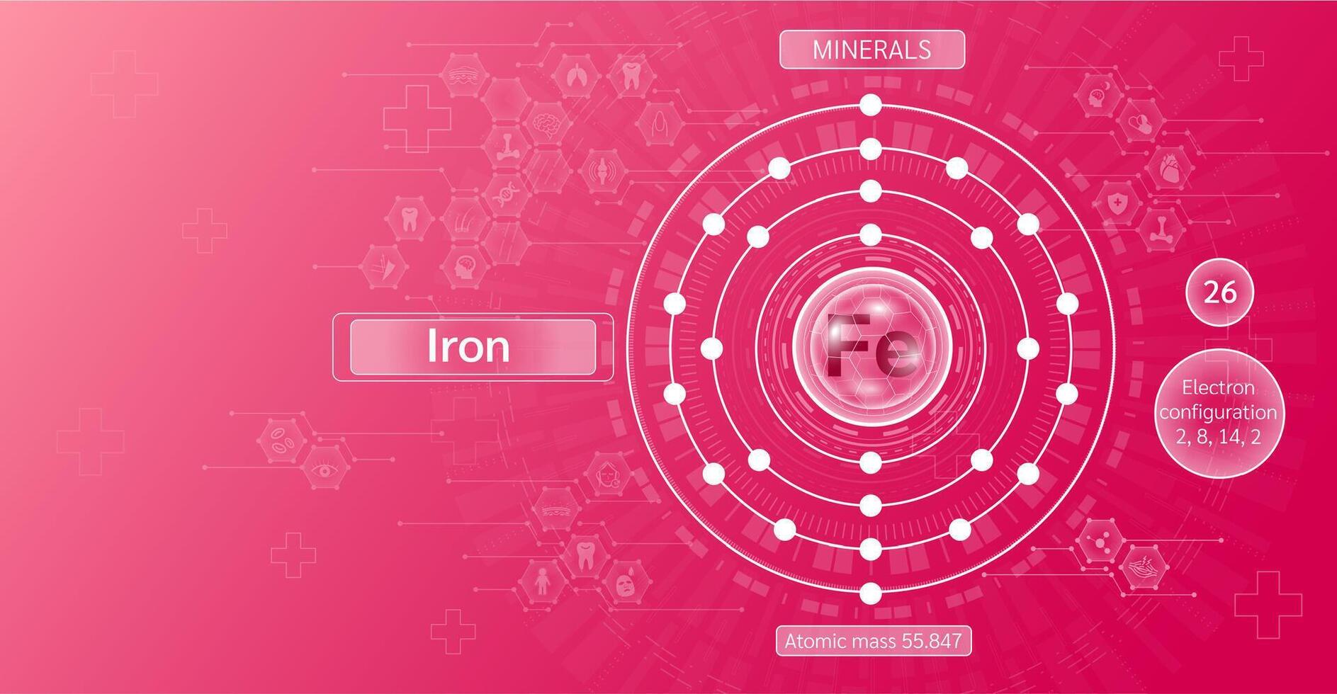 Minerals iron in chemical structure with atomic on red background. Health care and science icon pattern medical innovation. Supplements vitamins complex. . vector