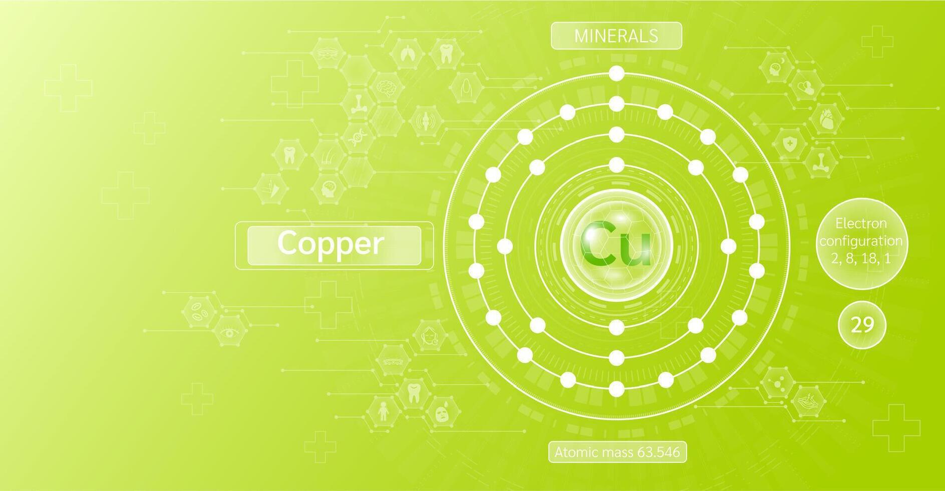 Minerals copper in chemical structure with atomic on green background. Health care and science icon pattern medical innovation. Supplements vitamins complex. . vector