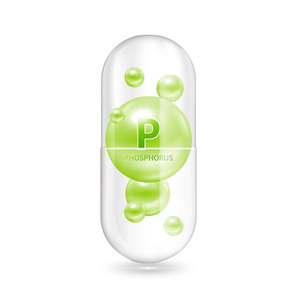 Green minerals phosphorus inside capsule translucent. Medical and dietary supplement health care concept. 3D illustration. Isolated on white background. vector