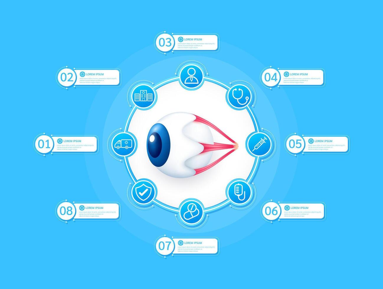 Eye ball health care infographic with presentation timeline steps medical research. And stethoscope, syringe, saline, drug, ambulance car, doctor. Style icons on blue background. vector
