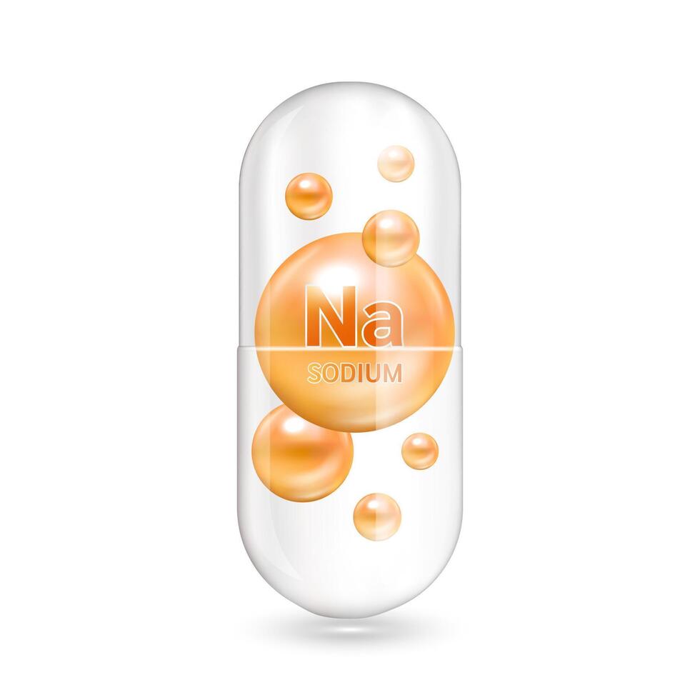 Orange minerals sodium inside capsule translucent. Medical and dietary supplement health care concept. 3D illustration. Isolated on white background. vector