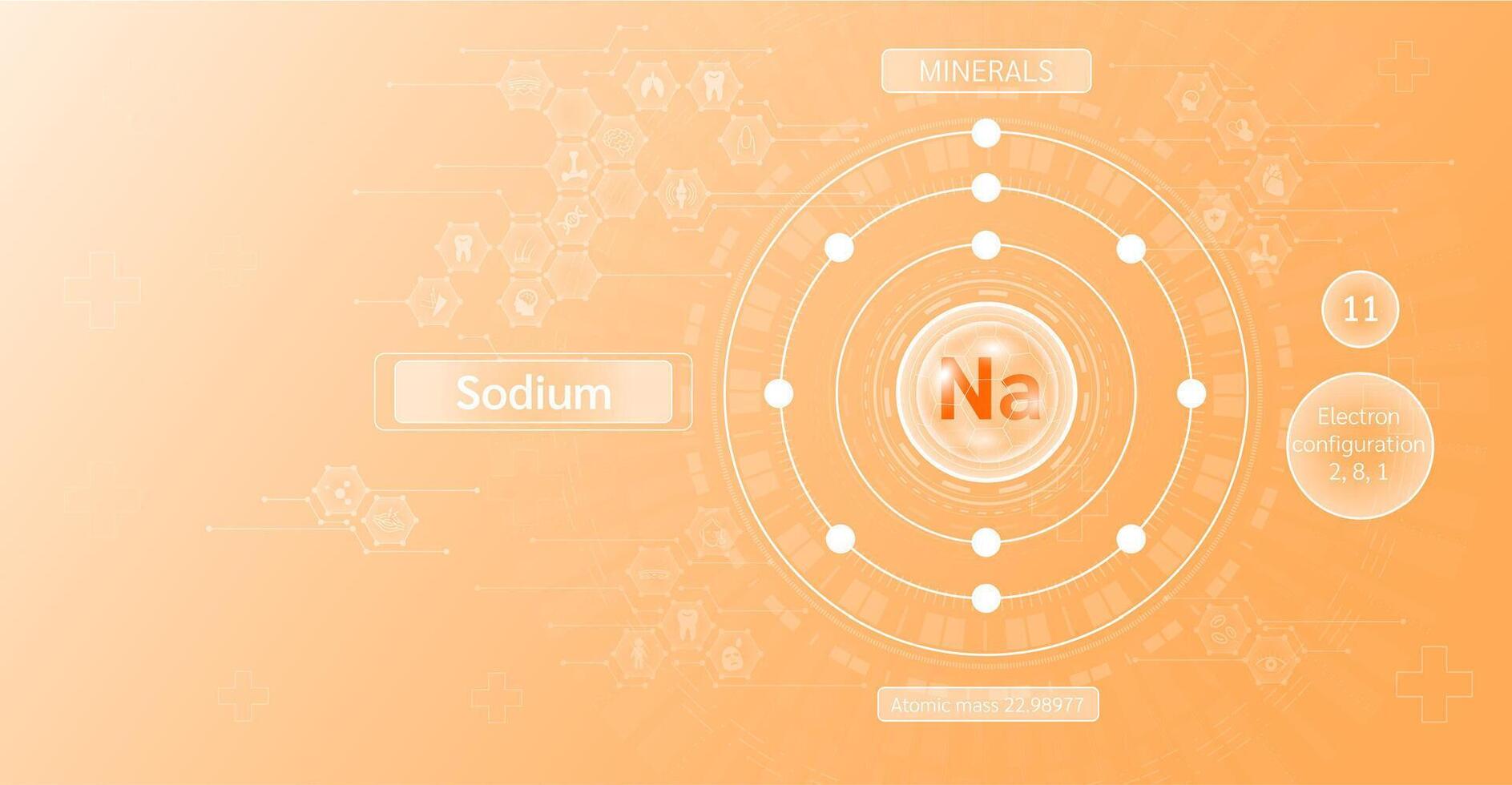 Minerals sodium in chemical structure with atomic on orange background. Health care and science icon pattern medical innovation. Supplements vitamins complex. . vector