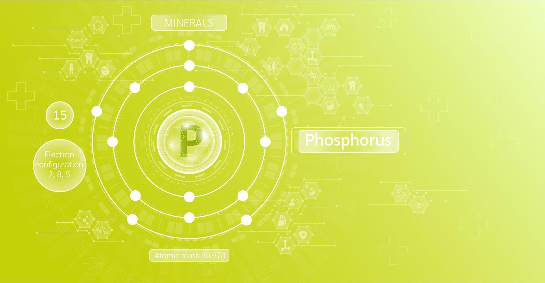 Minerals phosphorus in chemical structure with atomic on green background. Health care and science icon pattern medical innovation. Supplements vitamins complex. . vector