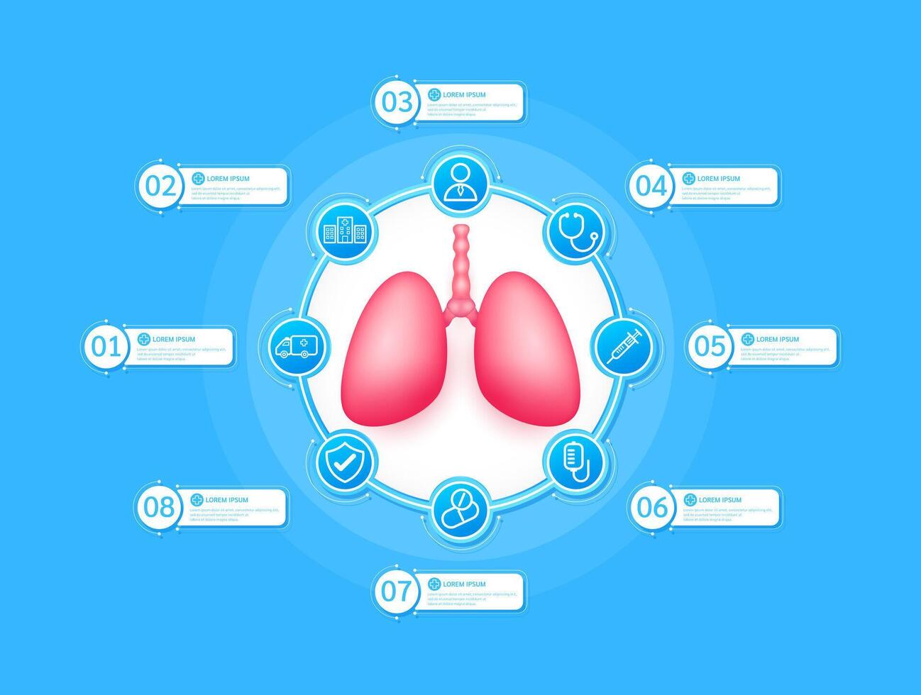 Lung health care infographic with presentation timeline steps medical research. And stethoscope, syringe, saline, drug, ambulance car, doctor. Style icons on blue background. vector
