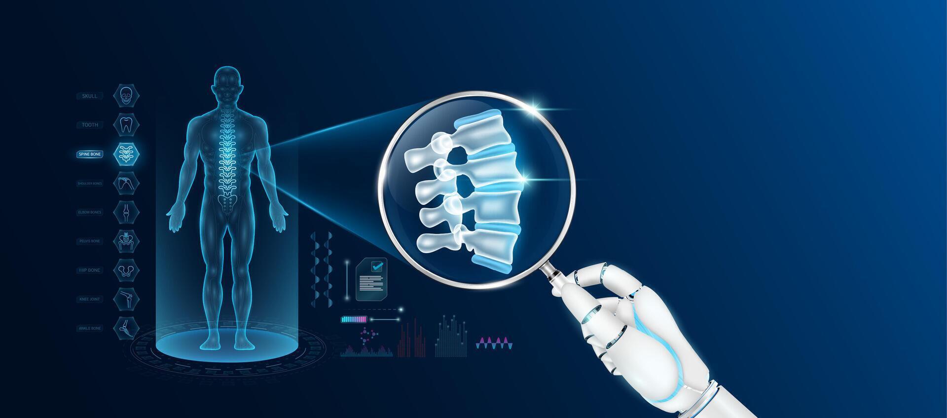 Doctor robot hand holding magnifying glass looking spine bone analysis diagnosis with AI artificial intelligence technology. Anatomy hologram of the male body. Innovative medical healthcare. vector