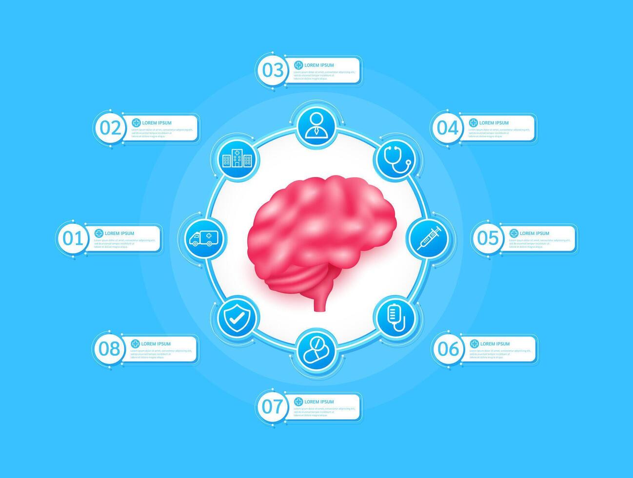 Brain health care infographic with presentation timeline steps medical research. And stethoscope, syringe, saline, drug, ambulance car, doctor. Style icons on blue background. vector