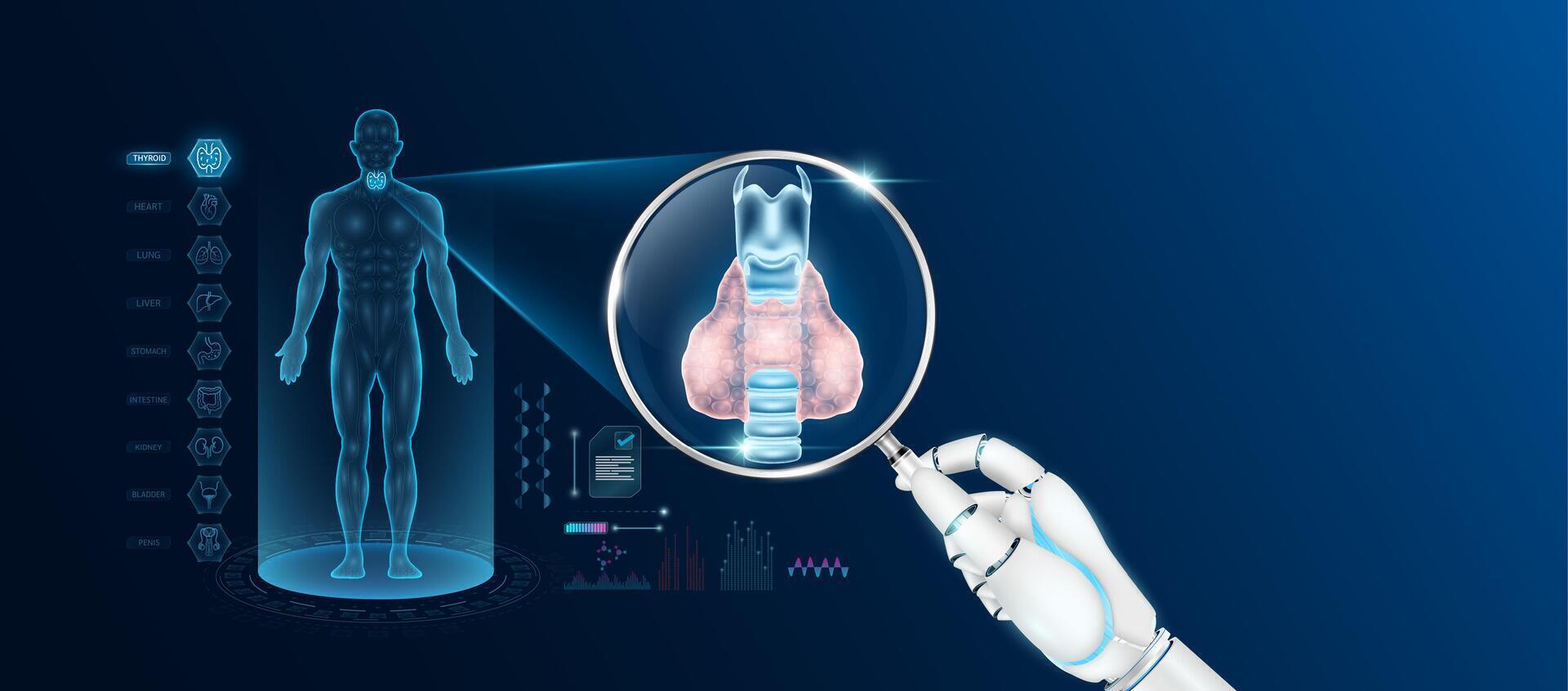 Doctor robot hand holding magnifying glass looking thyroid analysis diagnosis with AI artificial intelligence technology. Anatomy hologram of the male body. Innovative medical healthcare. vector
