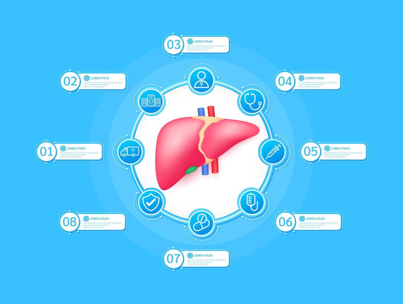 Liver health care infographic with presentation timeline steps medical research. And stethoscope, syringe, saline, drug, ambulance car, doctor. Style icons on blue background. vector