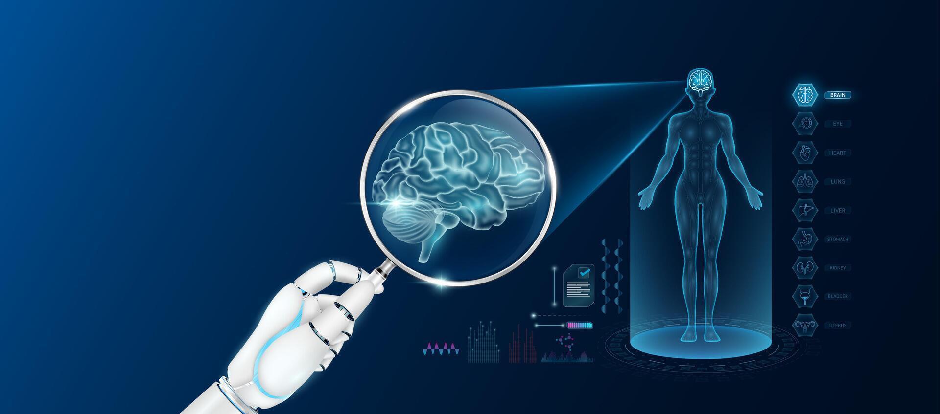 Doctor robot hand holding magnifying glass looking brain analysis and anatomy hologram of the female body. Diagnosis with AI artificial intelligence technology. Innovative medical healthcare. vector