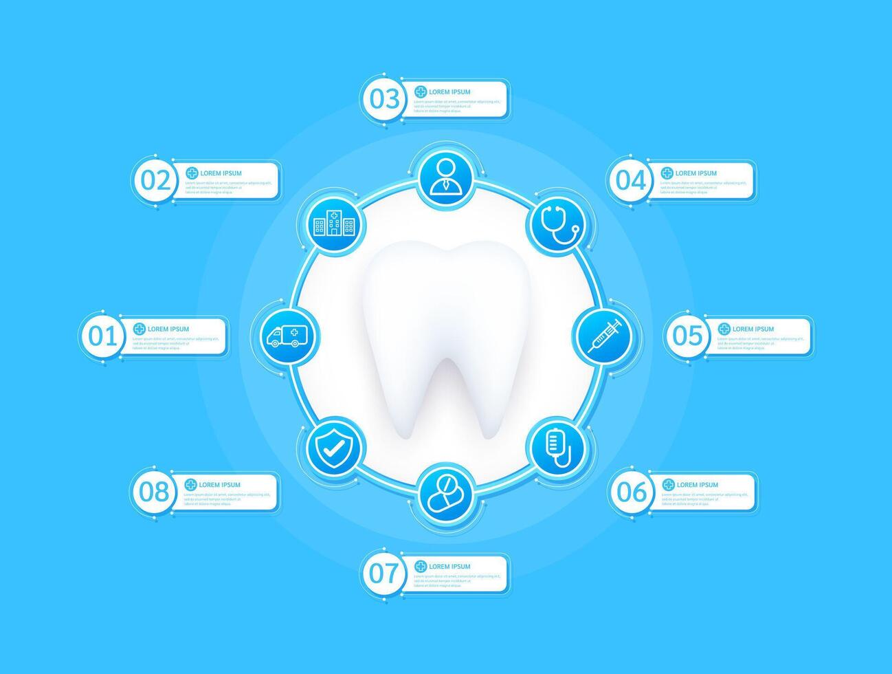 Tooth health care infographic with presentation timeline steps medical research. And stethoscope, syringe, saline, drug, ambulance car, doctor. Style icons on blue background. vector
