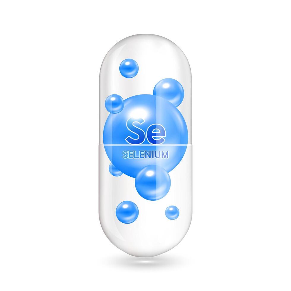 Blue minerals selenium inside capsule translucent. Medical and dietary supplement health care concept. 3D illustration. Isolated on white background. vector