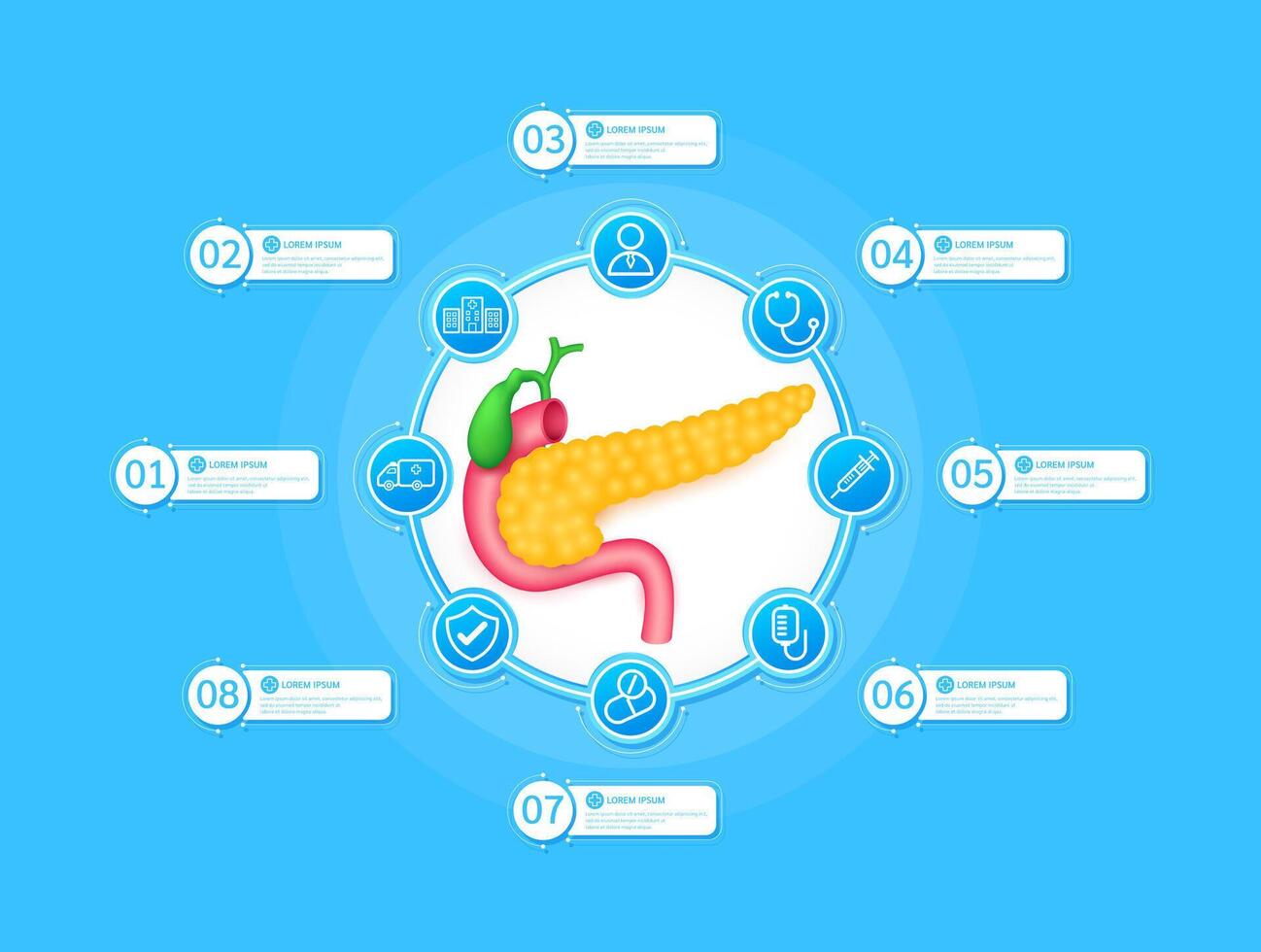 Pancreas health care infographic with presentation timeline steps medical research. And stethoscope, syringe, saline, drug, ambulance car, doctor. Style icons on blue background. vector