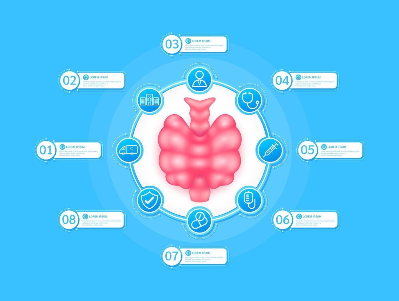 Thyroid gland health care infographic with presentation timeline steps medical research. And stethoscope, syringe, saline, drug, ambulance car, doctor. Style icons on blue background. vector