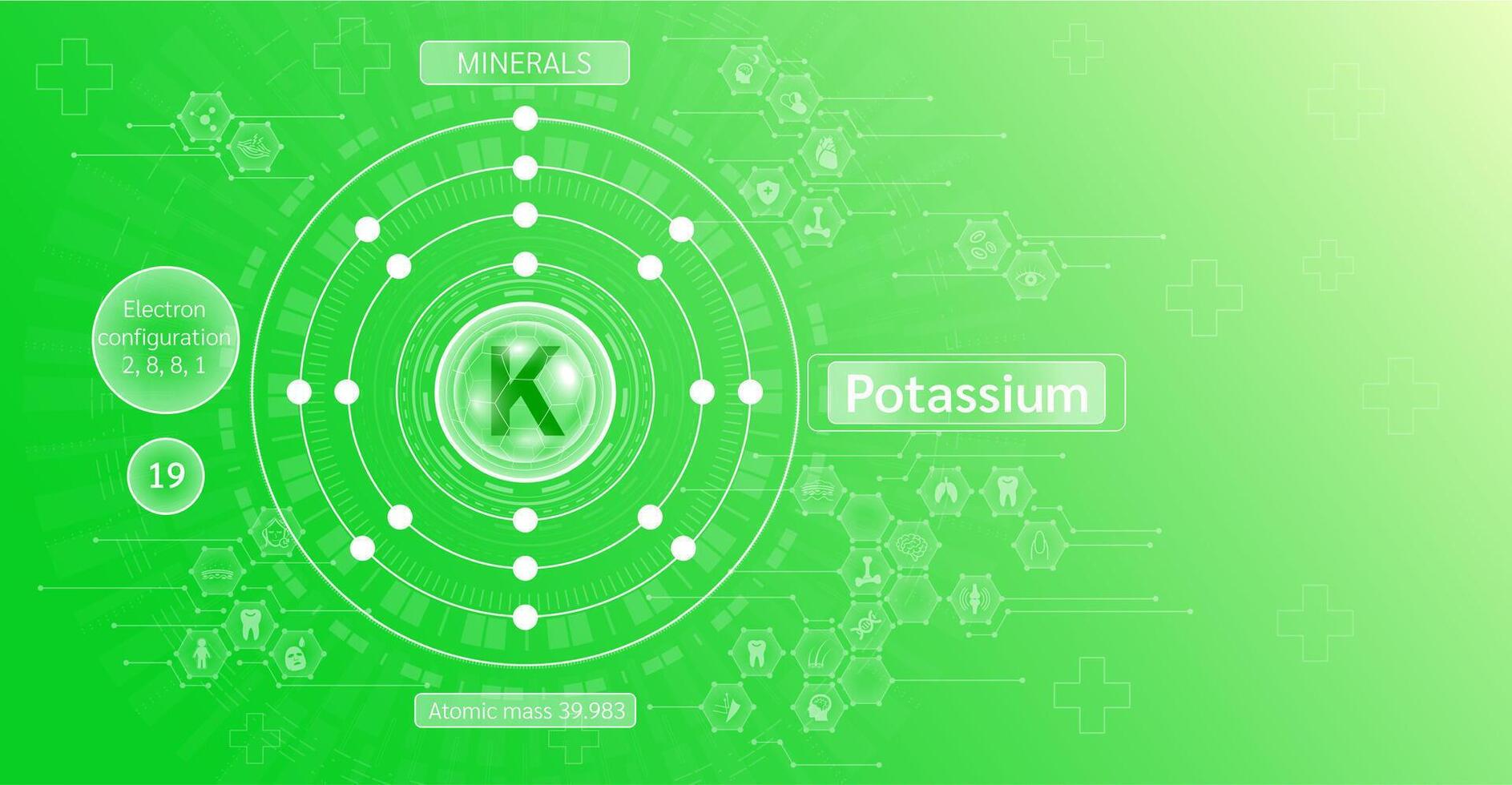 Minerals potassium in chemical structure with atomic on green background. Health care and science icon pattern medical innovation. Supplements vitamins complex. . vector