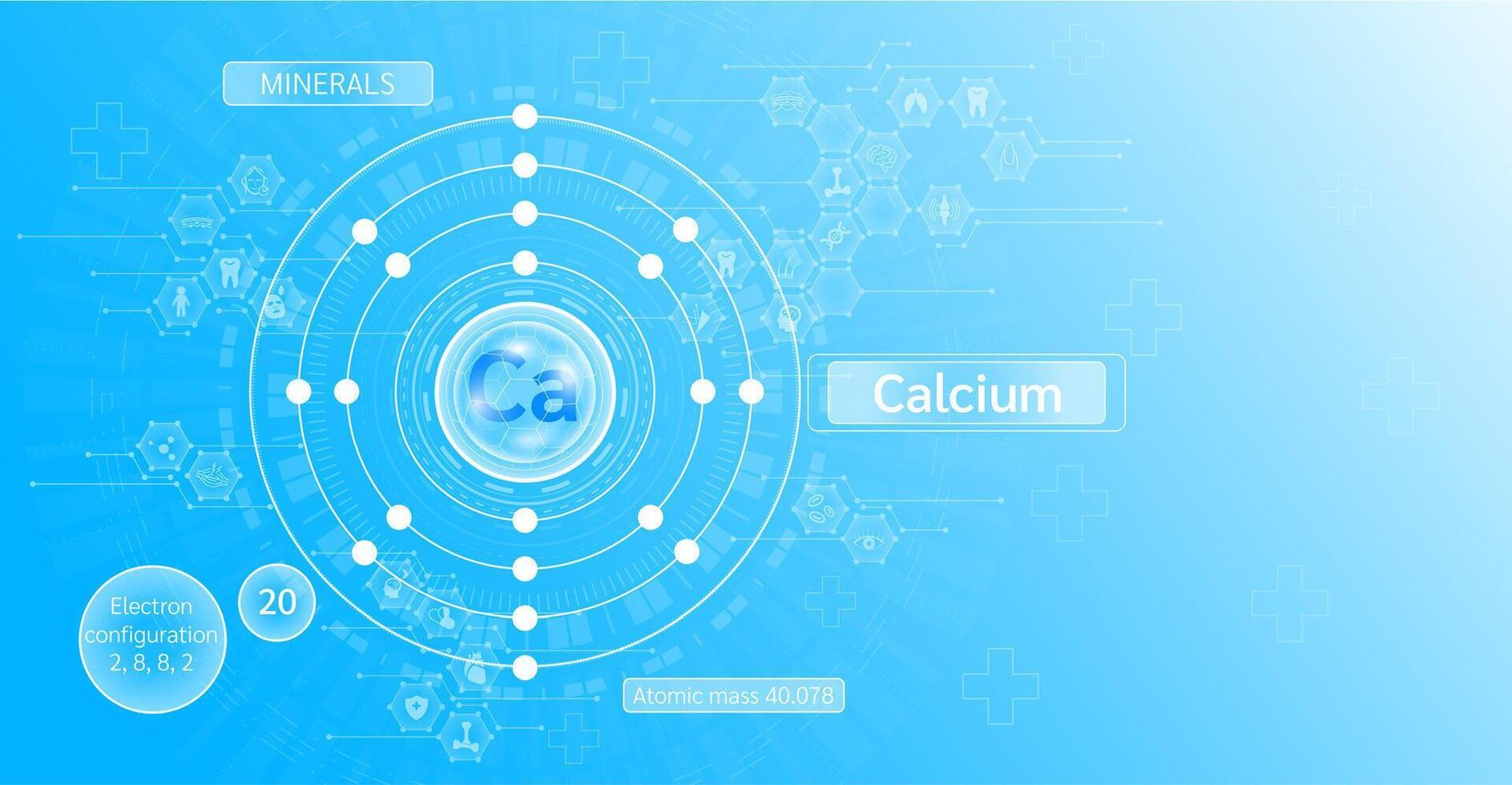 Minerals calcium in chemical structure with atomic on blue background. Health care and science icon pattern medical innovation. Supplements vitamins complex. . vector