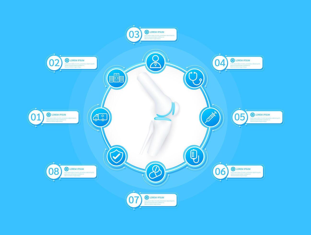 Knee joint bone health care infographic with presentation timeline steps medical research. And stethoscope, syringe, saline, drug, ambulance car, doctor. Style icons on blue background. vector